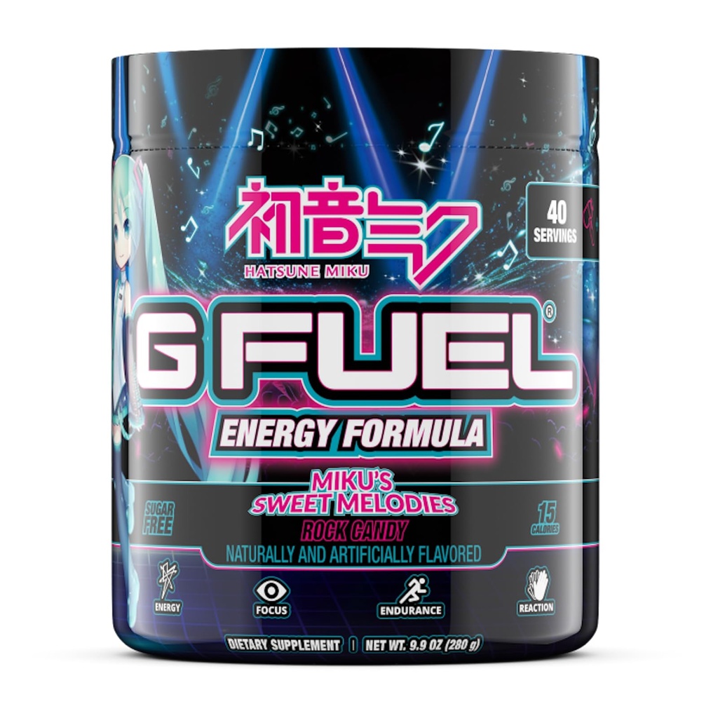 G Fuel Sweet Melodies Hatsune Miku energiajoogipulber, Pre Workout Kofeiinisegu hasartmängudeks, Sugar Free Focus Amino, Vitamiin + Antioksüdandid, 9,9oz (Rock Candy, 40 Servings)