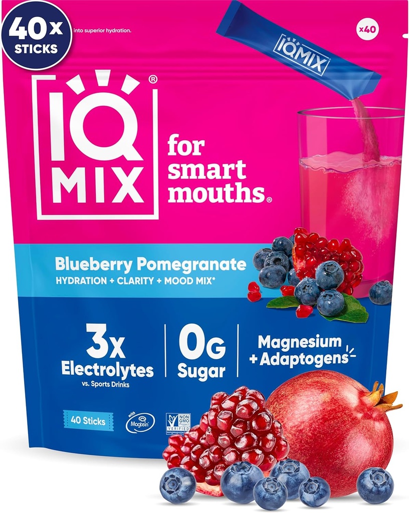 IQMIX hüdraat elektrolüütide pulber - 4-in-1 hüdratsiooni, vaimse selguse, meeleolu ja taastumise valem - suhkruvaba joogi segu, Keto, Magneesium L-Threonate, Lõvi Mane - 40 krahv mustika granaatõuna