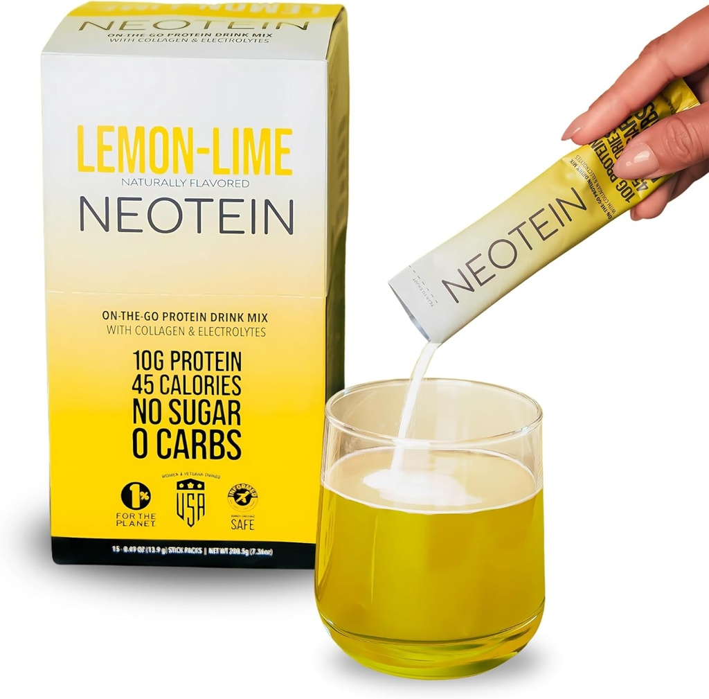 NEOTEIN: elektrolüütide pulbripaketid, valgupulber 10 g valgu ja kollageeniga | Hüdratsioonipaketid - nullsuhkur, NO täiteained, NO süsivesikuid | Sidrunlubja | 45 kalorit | Keto & Paleo | 15-tolline pakend