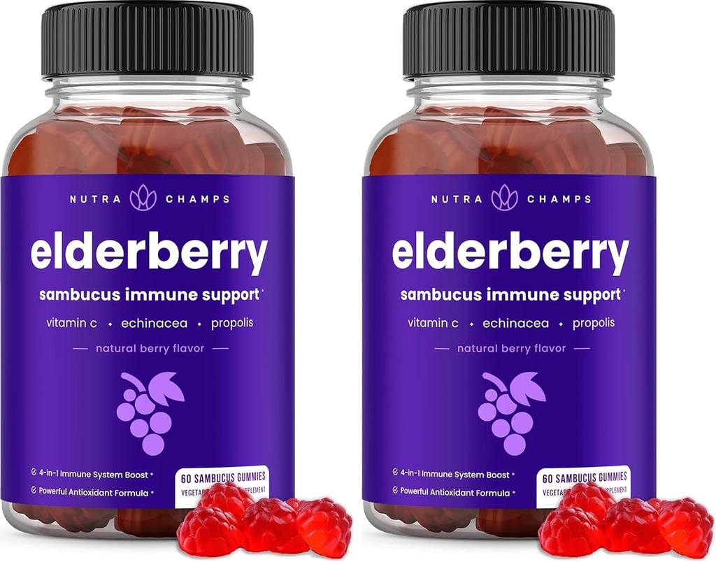 NutraChamps Elderberry Gummies koos C-vitamiini, Propolis & Echinacea - Immuunsüsteemi tugi Kummi vitamiinid täiskasvanutele ja lastele - Max Tugevus 200mg Sambucus Antioksüdandid (pakk 2)