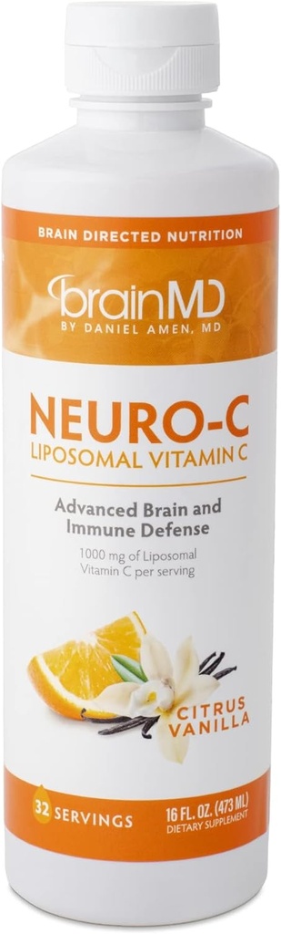 BRAINMD Dr Amen Neuro-C, Citrus Vanilla - 16 fl oz - 1000 mg Liposomal C-vitamiin - Advanced Brain & Immune Defense - Gluteenivaba - 32 Servings
