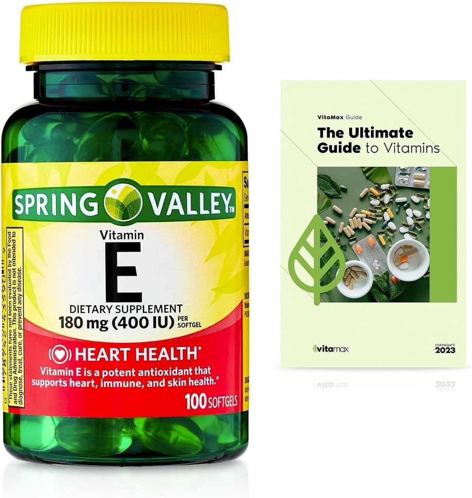 Spring Valley E-vitamiini südame tervise toidulisand Softgels, 180 mg (400 RÜ), 100 Count + eksklusiivne VitaMax Vitamiin Guide (2 üksust)