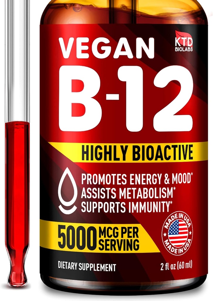 B12 Sublingvaalne 5000 mcg tilgad - valmistatud USA-s - Vegan B12 vitamiinid energia, meeleolu ja mälu - väga biosaadav sublingvaalsed tilgad - Metüülkobalamiin naistele ja meestele - 2 fl. oz.