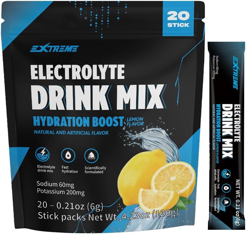 Ekstreemne elektrolüütide joogisegu naatriumiga 60mg, kaalium 200mg, tauriin - hüdratsioonipulber, nullsuhkur, nullkofeiin, non GMO, nullgluteen, madala kalorsusega, sidruni maitse (20 paketti, 20 päeva pakkumine)