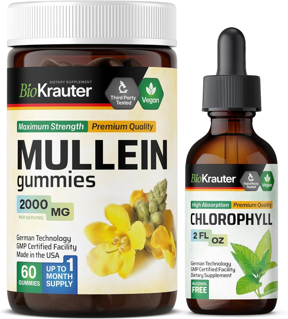 BIO KRAUTER Mullein 60 Gummies & Chlorophyll Tinktuur 2 Fl. Oz.