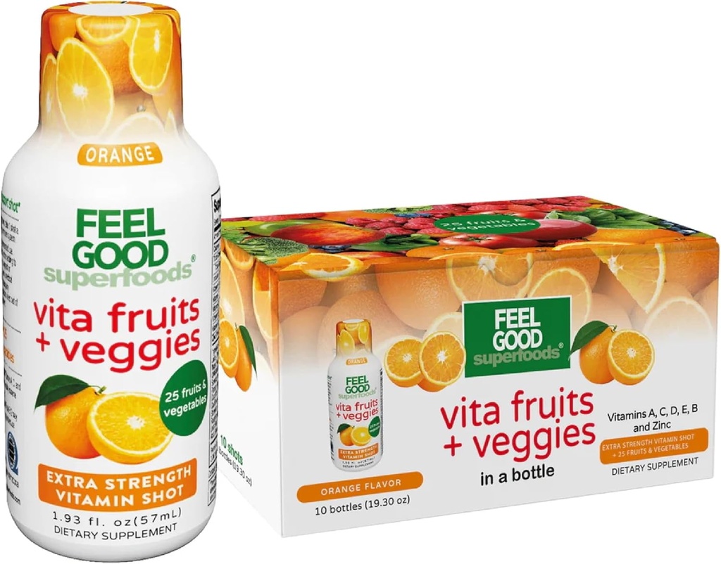 FeelGood Superfoods Vita Puu- ja Köögiviljad Immuunsüsteemi tugi Shot toidulisandeid, Orange Maitse, Pakend 10 Immunity Shots, Immuunsüsteemi Booster Jook valmistatud 25 Mahepõllumajanduslik Puu- ja Köögiviljad