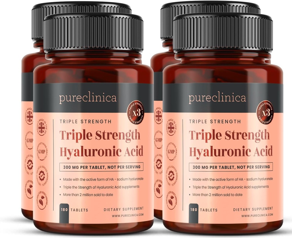 pureclinica kolmekordne tugevus hüaluroonhape 300mg x 720 tabletti (4 pudelit 180) - 2 aastat
