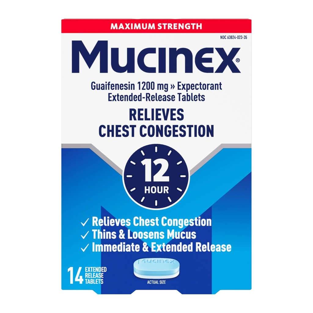 Mucinex Rindkere ummistus , maksimaalne tugevus 12 tundi pikendatud vabastavad tabletid , 14 ct , 1200 mg Guaifenesiini koos laiendatud leevendamisega rindkere ummistusest , mida põhjustab ülemäärane lima , õhukesed ja lõdvendavad lima