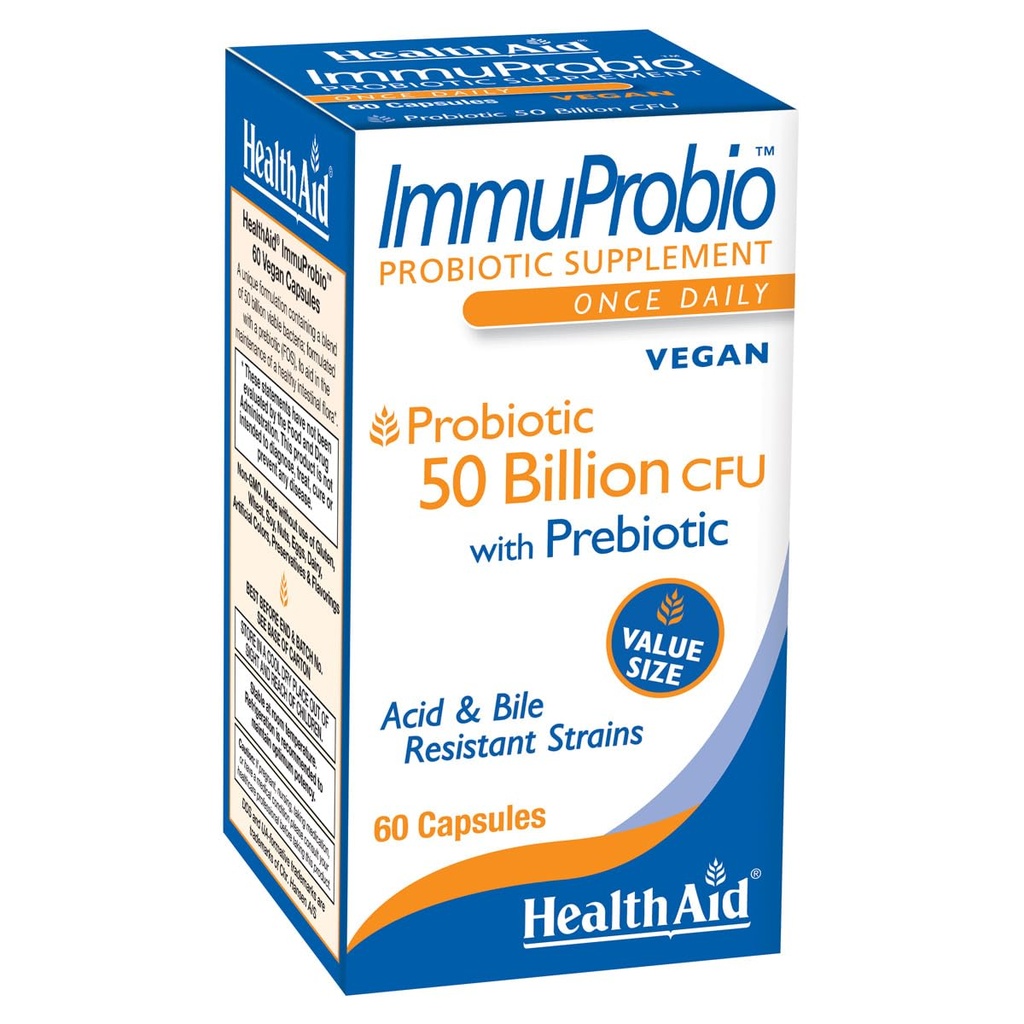 HealthAid ImmuProbio 60 kapslit - 50 miljardit CFU koos prebiootikumi, kord päevas, happe ja sapi suhtes resistentsete tüvedega, vegan