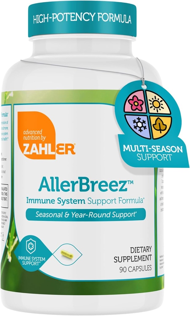 Zahler AllerBreez Immuunsüsteemi tugivalem C-vitamiini, kvertsetiini, B5-vitamiini, MSM-i ja nõgestõvega - hooajaline ja aastaringne immuuntoetus, Dhist Allergy Supplement (180 kapslit)