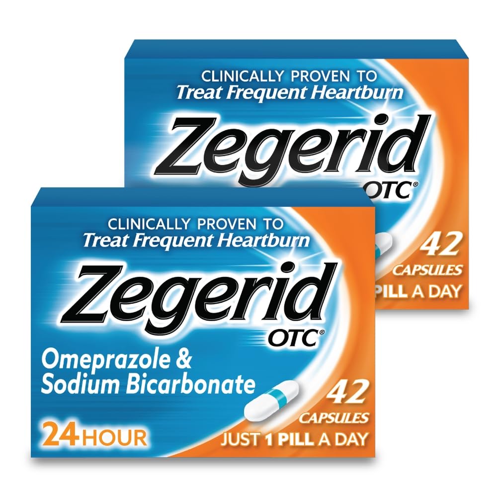 Zegerid OTC, 24-tunnine kõrvetiste leevendamine, happe refluksmeditsiin ja antatsiid, ravivad sagedasi kõrvetisi, omeprasool 20mg + naatriumvesinikkarbonaat, prootonpumba inhibiitor (PPI), kaks 42ct karpi