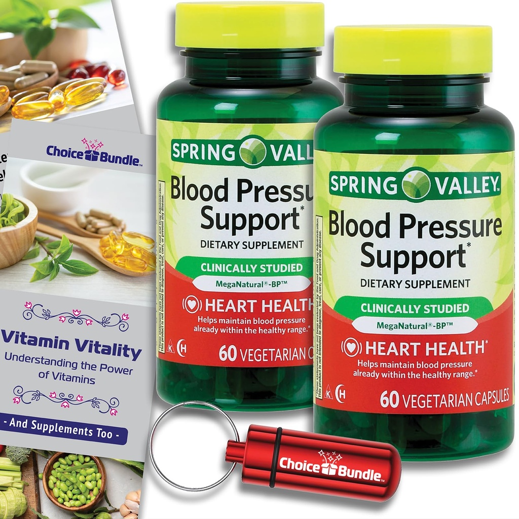 Valik Bundle Spring Valley Vererõhu toetus Taimetoitlaste Kapslid 60 Ct 2 pk (120 Kokku) + Vitamiini juhend ja pillide konteiner (4 üksust)!