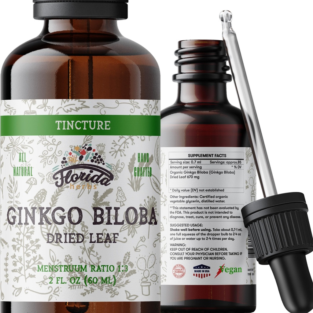 Ginkgo Biloba tinktuur Orgaaniline Ginkgo Biloba ekstrakt (Ginkgo Biloba) Kuivatatud lehtede taimelisa 2 oz