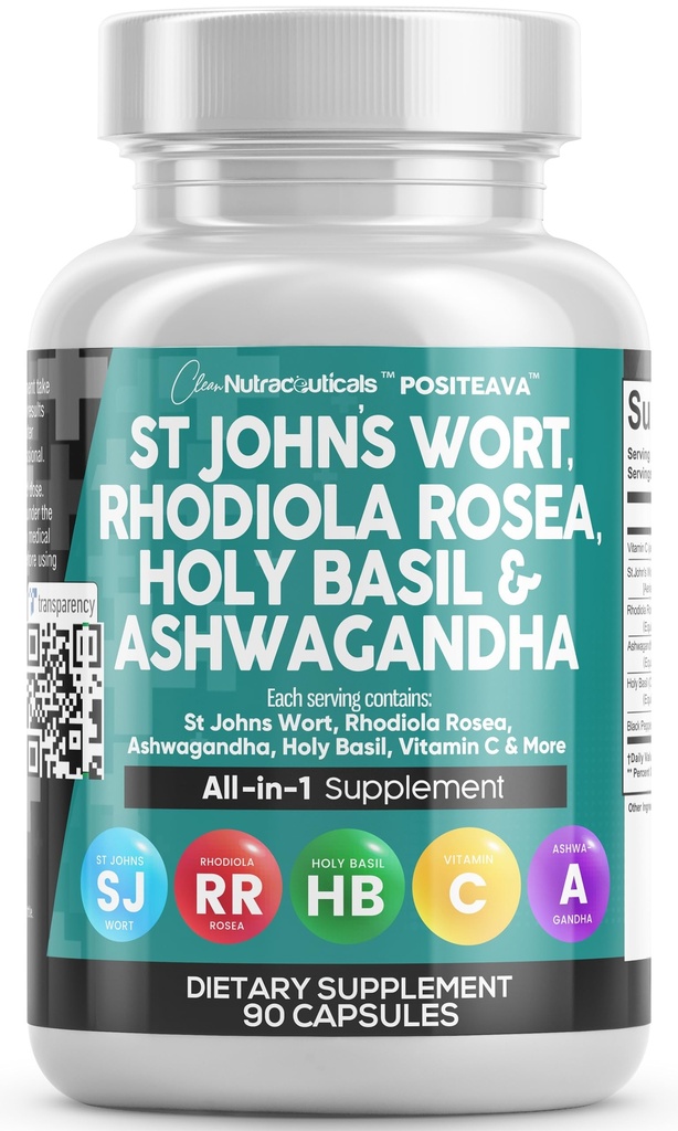 Puhas Nutraceuticals St Johns Wort Rhodiola Rosea Püha Basil Ashwagandha - meeleolutoetus naistele ja meestele C-vitamiini ja musta piparekstraktiga - 90 kapslit