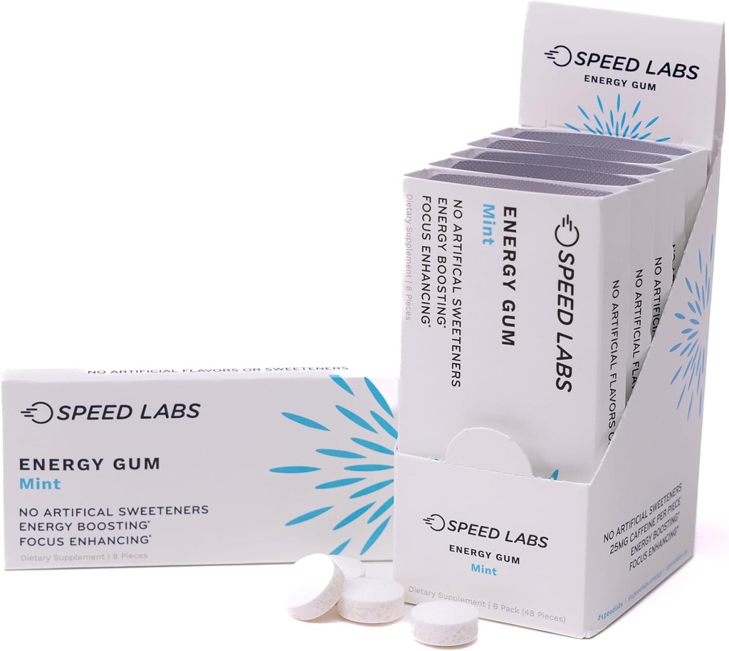 Kiirus Labs Mint Looduslik kofeiin Energia Gum 25mg Kofeiin, Tauriin, B vitamiinid ühe tüki kohta, 48 tükki (6 pakki 8) Suhkruvaba, null kalorit, looduslikult magustatud, gluteenivaba