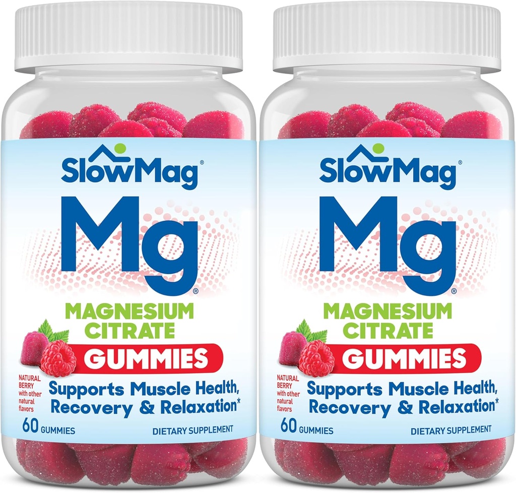 SlowMag Magneesium tsitraat Gummies, 60 Count, toetab lihaste tervist, looduslikku marja maitset, taastumist ja lõõgastust pakett 2