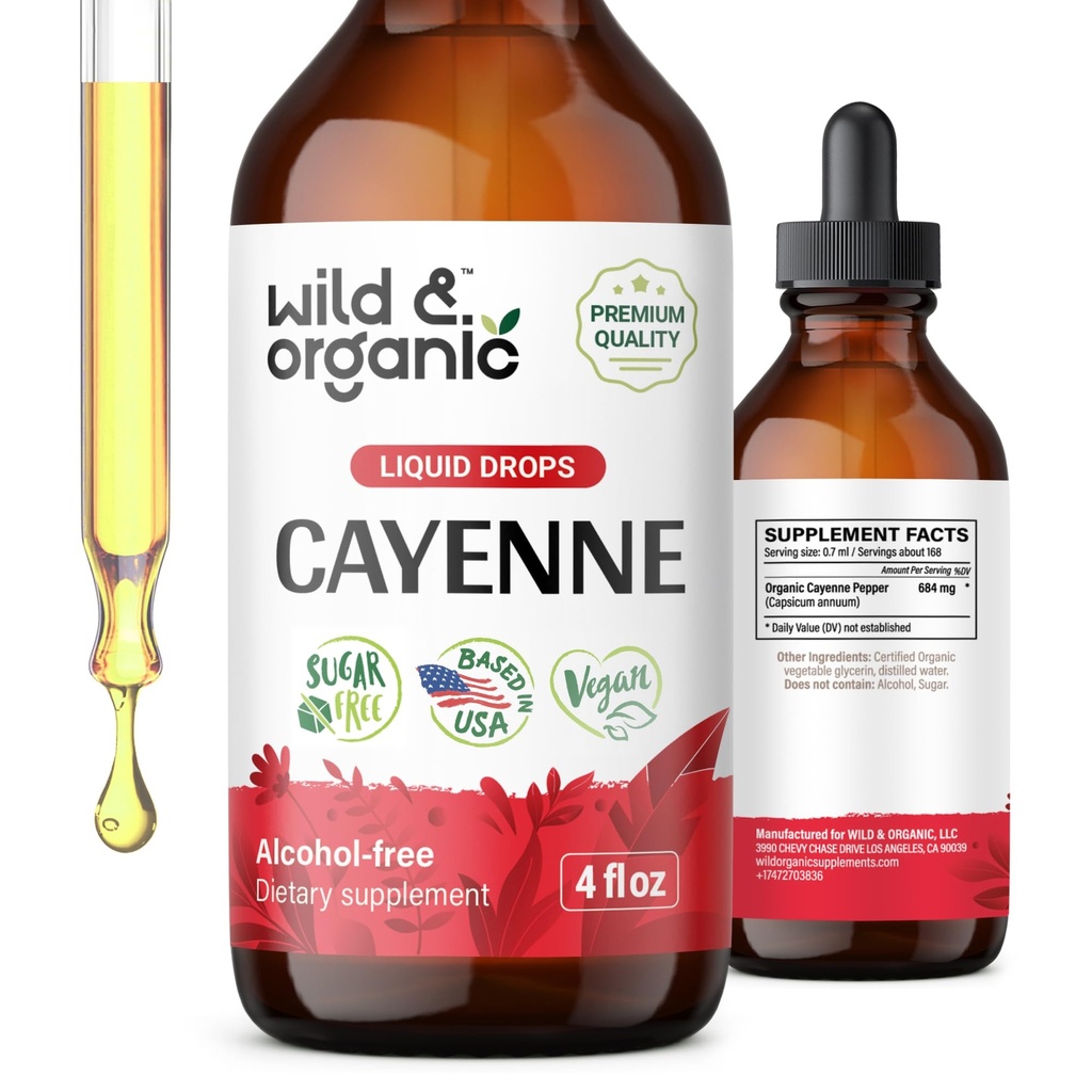 Wild & Organic Cayenne Pepper Tinktuura - seedetrakti toetust kapsaitsiini ekstrakt - Cayenne Pepper Vedelik tilgad üldise heaolu - Vegan, suhkur ja alkoholivaba - 4 fl oz