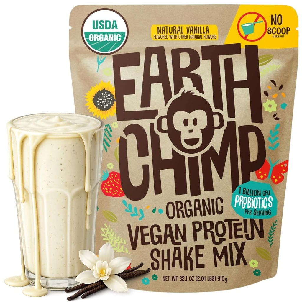 EarthChimp Organic Vegan Valgu Pulber - Probiootikumid - Non GMO, Piimavaba, Non Whey, Taimne Valgu Pulber Naistele ja Meestele, Gluteenivaba - 26 Servings 32 Oz (Vanilla) No Scoop