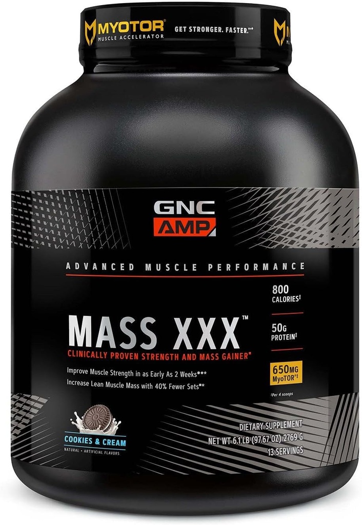 GNC AMP mass XXX, kliiniliselt tõestatud kaalulangetaja valgu pulber, parandab tugevust, suurust, 780 kalorit, 50 g valku, mikroniseeritud aminohappeid, kreatiini, betaiini, küpsiseid ja kreemi, 13 serveerimist, 6 SVG