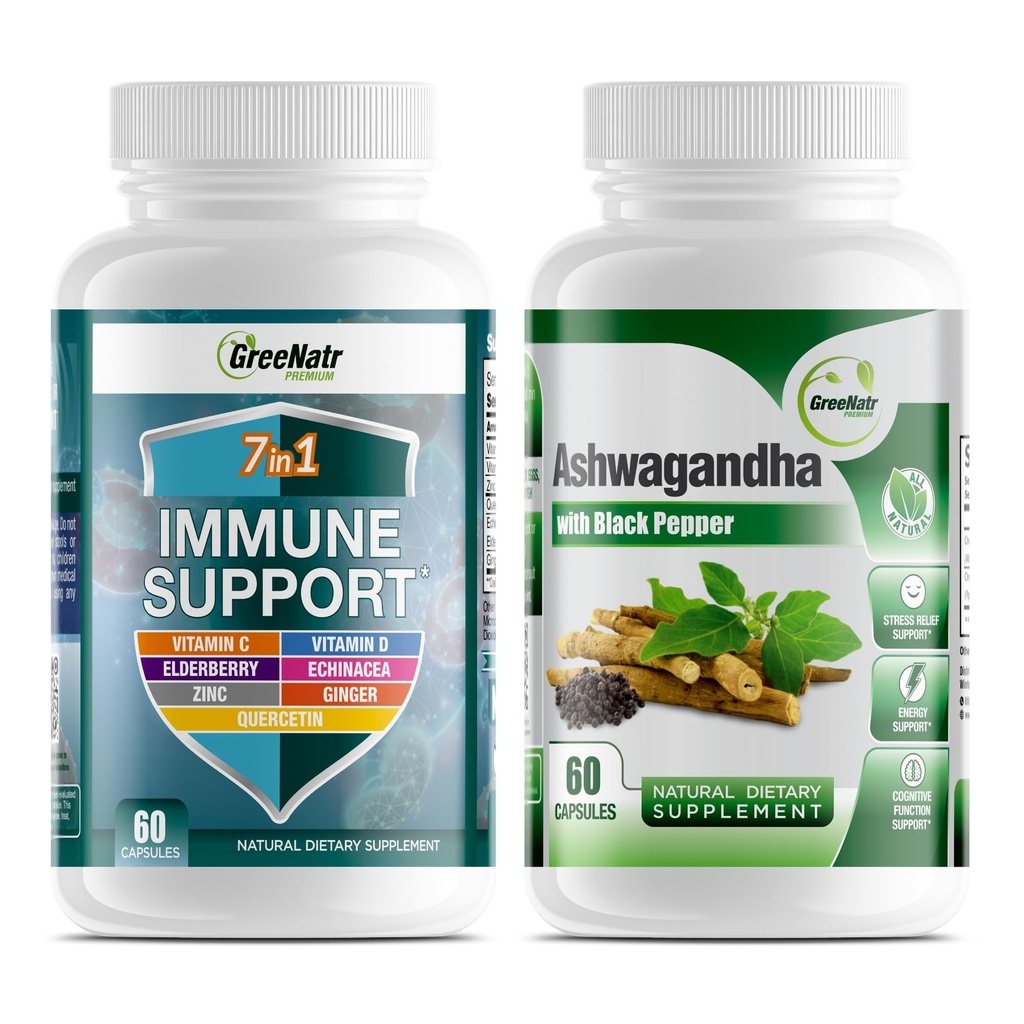 GreeNatr 7-in-1 immuunsüsteemi tugisammas C-vitamiiniga, D3-vitamiiniga, tsink 50mg, kvertsetiin, kombineeritud orgaanilise Ashwagandha kapslitega, millel on tõhustatud imendumine musta pipariga