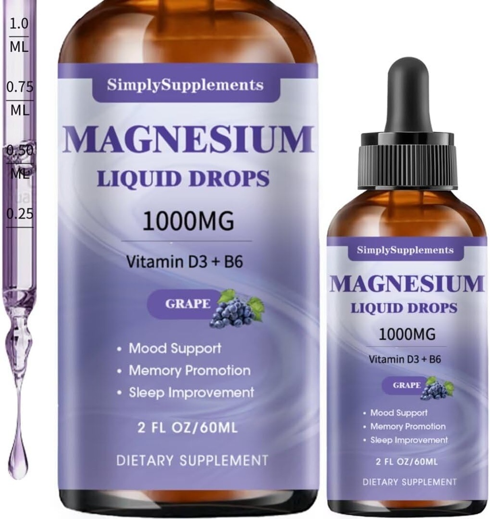Kolmekordne magneesiumkompleks Vedelad tilgad, 1000mg Magneesium Glütsinaat Tilgad, Taurate & tsitraat L-teaniiniga, D3-vitamiin ja B6 une ja lihaste toetamiseks, Rahulik Magneesium, Viinamarjamaitse, 2 Fl OZ