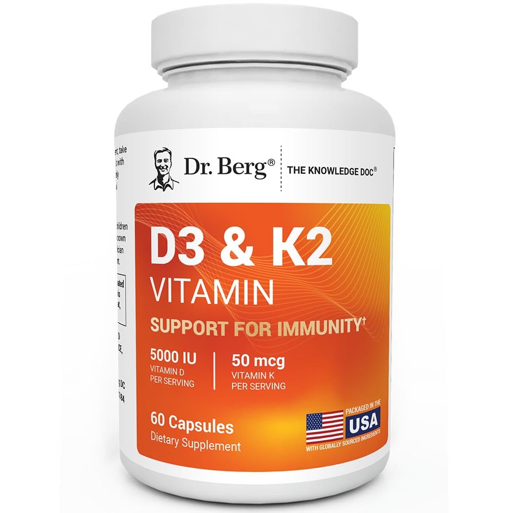 Dr Berg Maksimaalne tugevus 2-in-1 Vitamiin D3 K2 5000 RÜ | Looduslikult saadud D3 | 4X Lab-testitud & kontrollitud | Kõrge neeldumise valem | K2 D3 Vitamiinilisand - 60 kapslit
