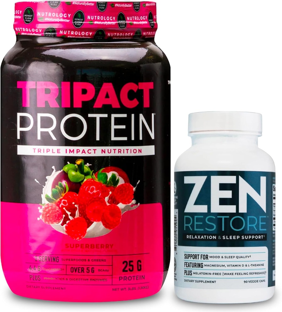 Nutroloogia TRIPACT valgupulber, 7-in-1 söögikorra asendamine raputamine, Superberry (40 serveerimist) Zen looduslik magneesiumilisand (30 serveerimist)