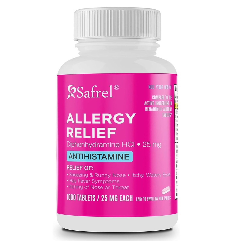 Safrel Allergy Relief Ravimid Difenhüdramiin HCl Caplets 25 mg (1000 Count), Antihistamiin leevendab aevastamist, runny nina, heinapalavik, sügelevad silmad ja kurk, hooajaline siseruumides ja välitingimustes allergia pillid
