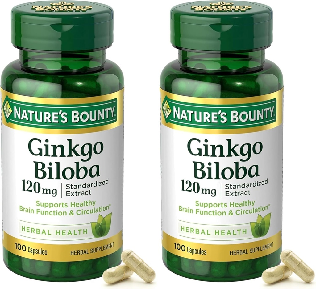 Nature's Bounty Ginkgo Biloba Standardized Extract 120 mg, Taimsed pudelid, Kapsel, 100 Count, Pack of 2