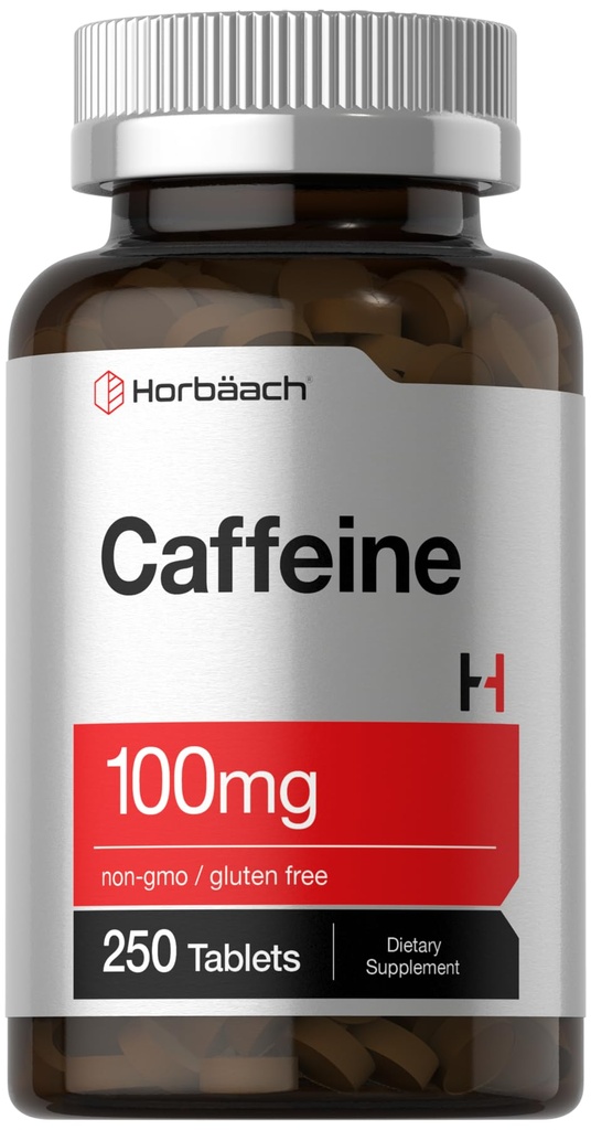Horbäach Kofeiin Pills 100mg | 250 tabletti | Taimne valem | Mitte-GMO, Gluteenivaba täiendus