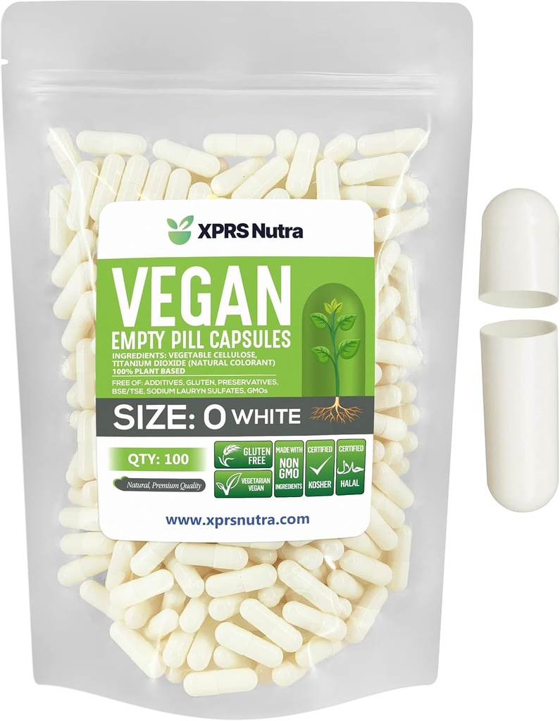 XPRS Nutra suurus 0 Tühjad kapslid - 100 loend Tühjad vegankapslid - taimetoitlased pillid - DIY köögiviljakapsli täitmine - Veggie pillid do-It-Yourself toidulisandite jaoks (valge)