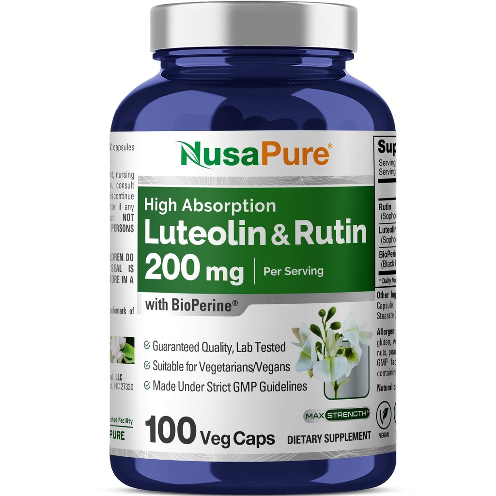 NusaPure Luteolin Complex koos Rutin 200 mg | 100 kapsliga | Taimetoitlane, mitte-GMO & Vegan Flavonoid valem