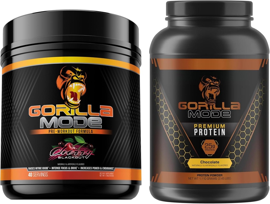 Gorilla Mind Pre Treening (Kirs) + Premium Whey Protein (Šokolaad) - Põhjalik Stack Kütuse maksimaalse treeningu tulemusi