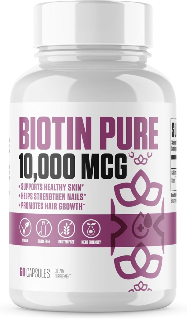Biotiin Puhas 10 000 MCG + Kaltsium | # 1 Uus Max Dose Biotiin B7 Täiendavad tabletid tervemate ja pikemate juuste, naha ja küünte jaoks | Vegankapslid meestele ja naistele - 60 Servingut
