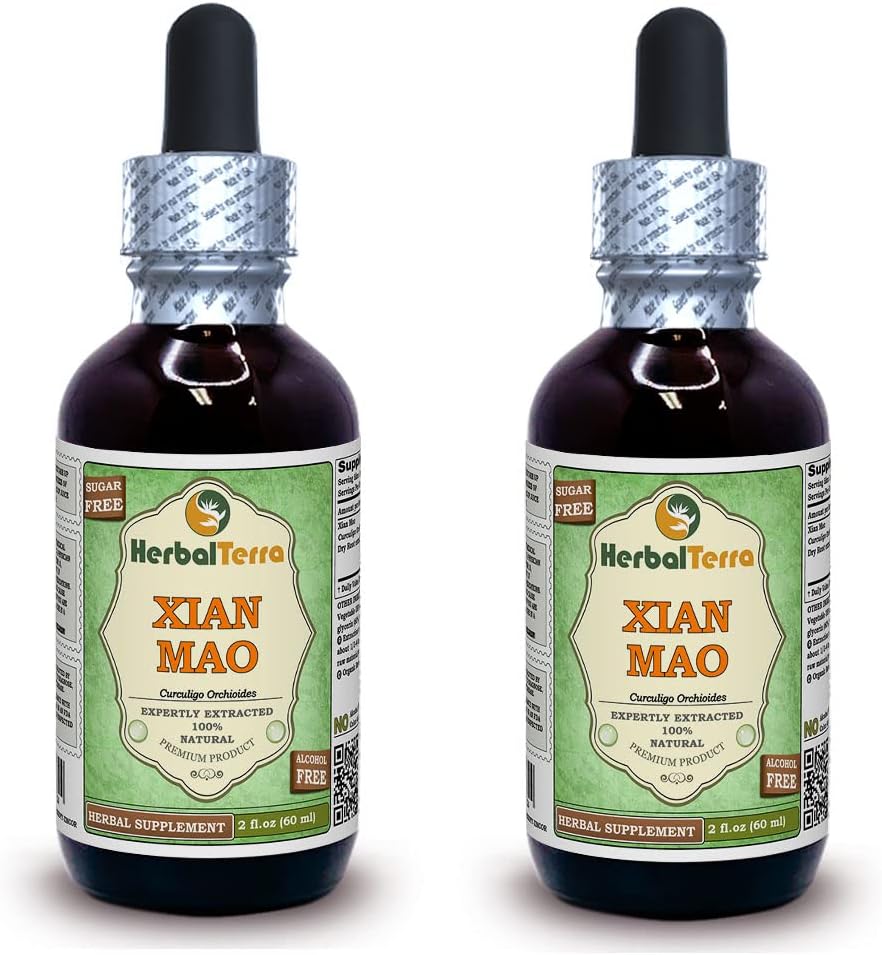 Xian Mao, Curculigo (Curculigo Orchioides) Glycerite, orgaaniline kuivatatud juur pulber Alkoholivaba vedelik ekstrakt (Brändinimetus: HerbalTerra, Proudly Made in USA) 2x2 fl.oz (2x60 ml)