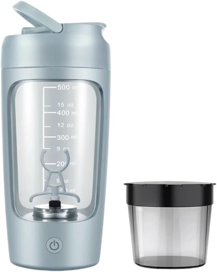 Elektriline kaasaskantav valgu loksuti pudel sileda segu jaoks | w / vaba valgupulber CUP | Tritanist valmistatud Premium pudel – BPA vaba | 650 ml | laetav | GYM & Sport Entusiastile. (Baby Blue)