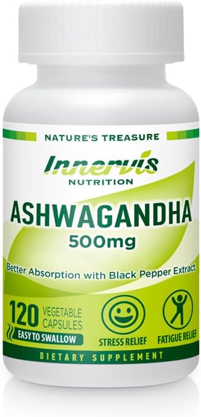 Ashwagandha 500mg – Stress Relief, Mood Balance & Relaxation with Black Pepper, 120 Vegan Capsules