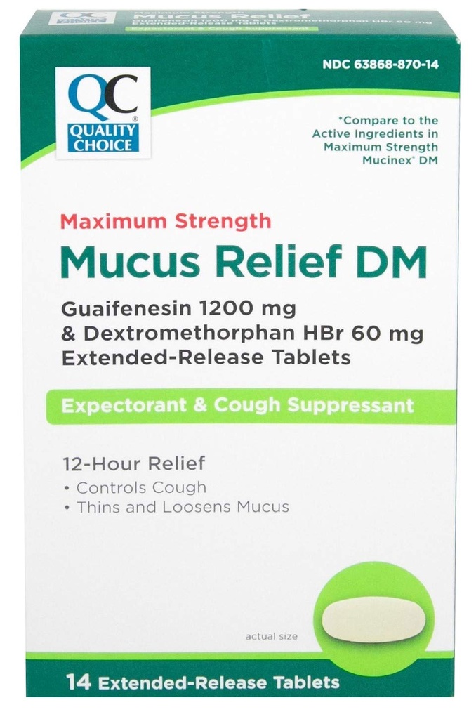 Kvaliteedivalik Maksimaalne lima tugevus DM, köha supressant ja ootaja, 12-tunnine leevendus, Guaifenesiin 1200 mg ja Dextrometorphan HBr 60 mg laiendatud vabastavad tabletid, 14 loend