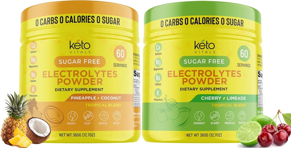 Keto Vitals Pineappale Coconut Bundle with Cherry Limeade - 2 Pack Bundle Keto Electrolytes Powder - Elektrolüüdid kaaliumi, magneesiumi, naatriumi, kaltsiumi - Pinneapple Coconut & Cherry Limeade