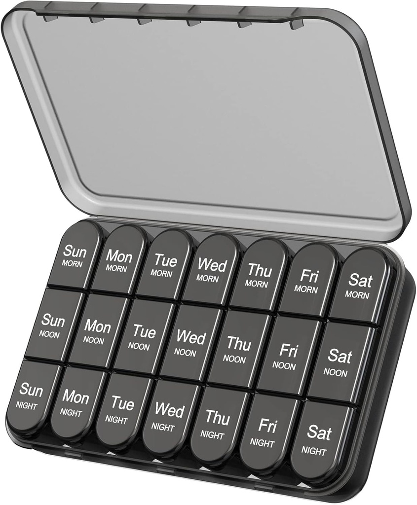 Daviky Pill Organizer 3X päevas, Nädal Pill Box 7 päeva, Travel Pill Case suurte konteineritega, Light-Pill Case vitamiine, ravimeid, toidulisandeid ja kalaõli (must)