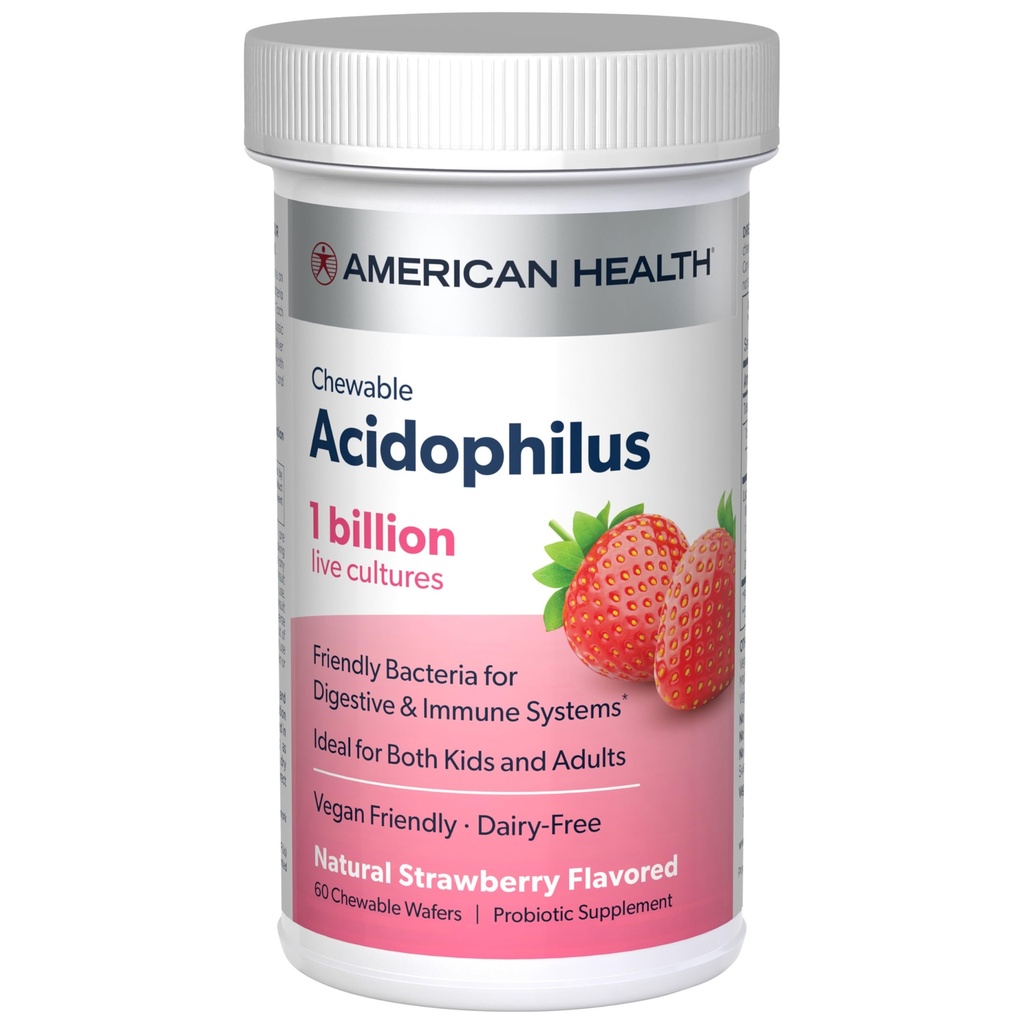 AMEERIKA TERVISHOIU Igapäevane näritav tablett Acidophilus, 1 miljard eluskultuuri, seedetrakti ja immuunsüsteemi kasulikud bakterid, maasikas, 60 krahv