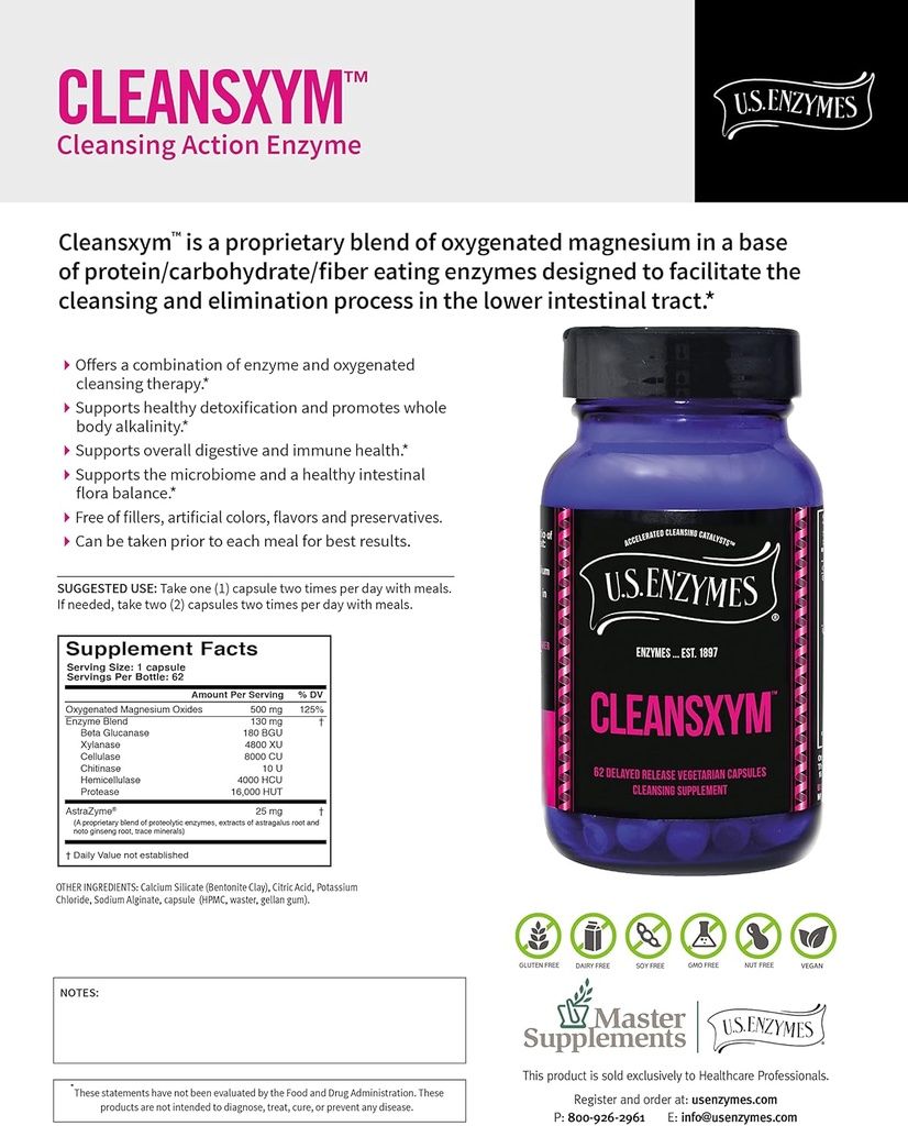 U.S. Ensüümid CLEANSXYM 62 taimekapslit. Puhastuslisa.