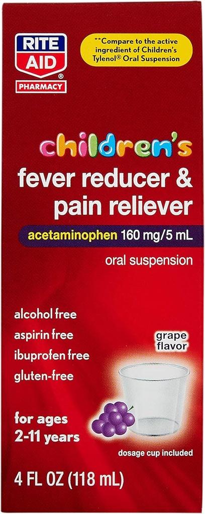Rite Aid Laste atsetaminofeen, Viinamarjamaitse, 160 mg - 4 fl oz | Valu leevendaja ja palaviku vähendaja | Laste külmaravi | vanuses 2-11 aastat | Laste palavik vähendaja | Laste valu leevendaja