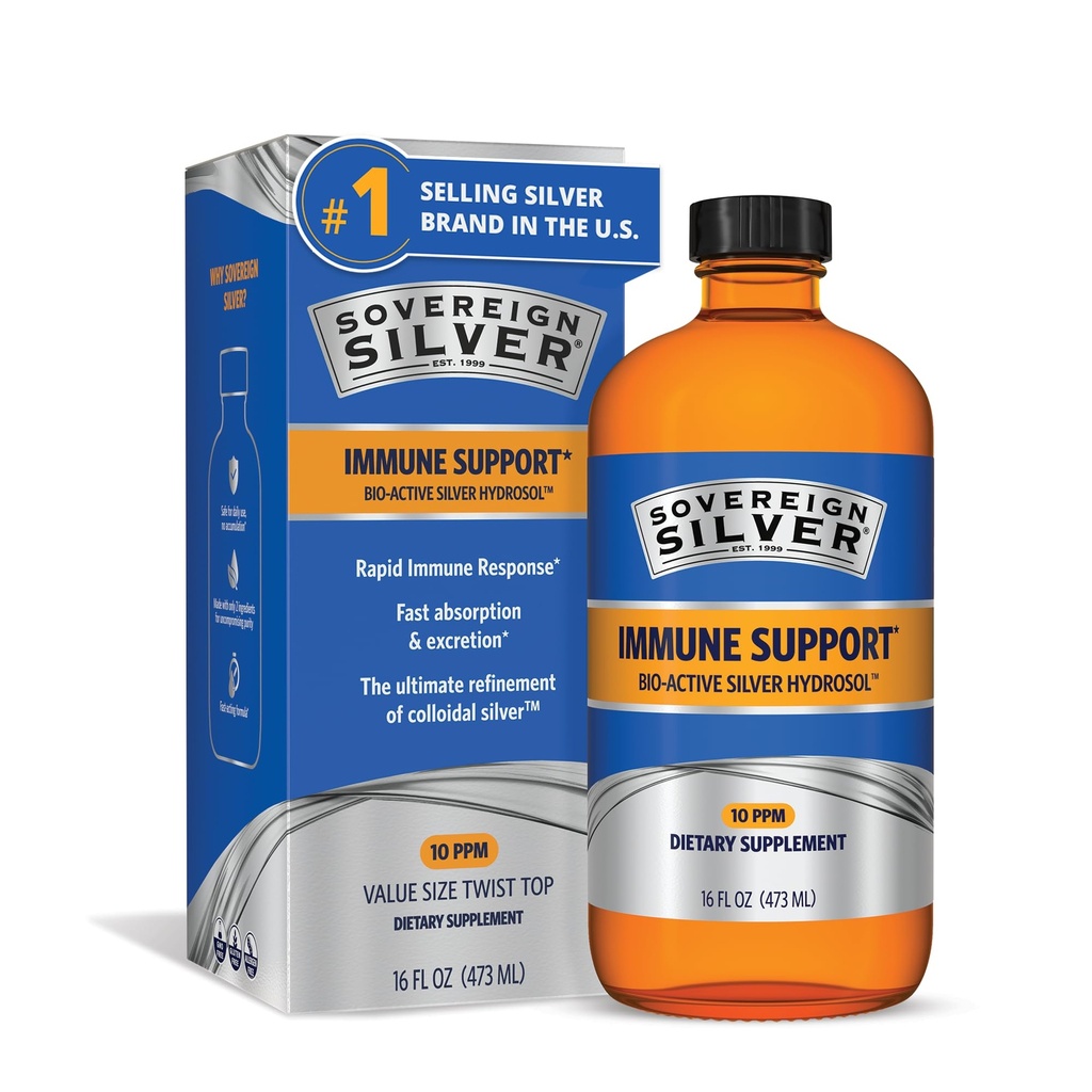 Sovereign Silver Immune Support - Kolloidhõbe, Bio-Active Silver Hydrosol, 10 ppm, Vedel Twist Top, 16 Fl Oz, (473 ml)