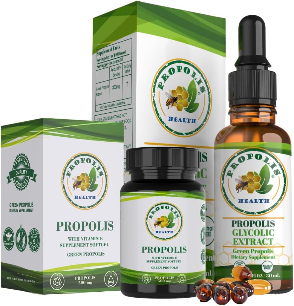 Propolis Health Premium Brazilian Green Propolis Bundle: 1000mg Capsules with Vitamin E & Green Propolis Extract Liquid - 50 Days Capsule & 30 Days Liquid Supply for Immune Support