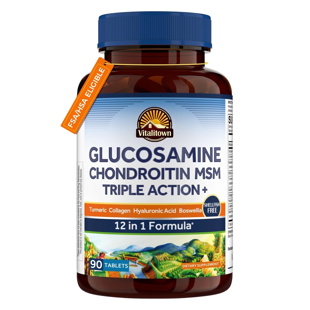 Vitalitown Glükosamiin Chondroitin MSM | kollageen , boswellia , kurkum , hüaluroonhape , bromelain | Triple Action+ Formula | 12 Koostisosa | 90 tabletti , ei karpkala