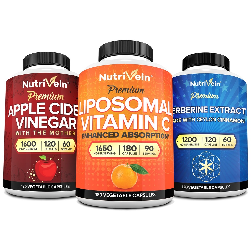 Nutrivein Premium Berberine, õunasiidri äädikas ja liposomaalne C-vitamiini lisandpakett: suure imendumisega C-vitamiini kapslid, ACV kapslid ja Berberiini lisand heaolu ja immuunsuse jaoks