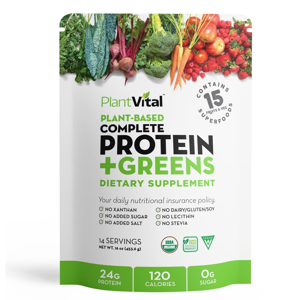 Plantvital Unflavoured Organic Vegan Protein Pulber - 15 Superfoods, Köögiviljad ja probiootikumid - Orgaaniline Taimepõhine Valgu Pulber - Kõik BCAA-d, Gluteenivaba - 16oz -1 Pouch