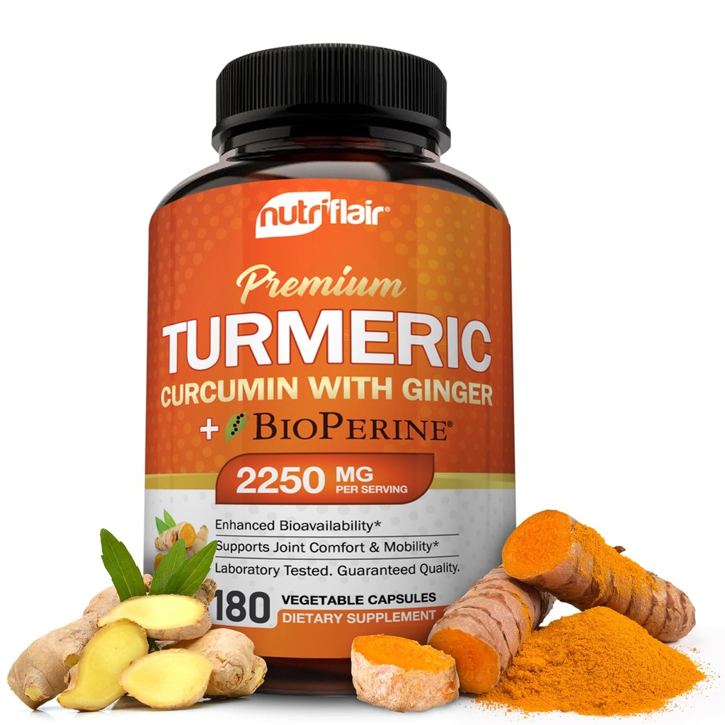 NutriFlair Turmeric Curcumin koos ingveri ja bioperine Black Pepper toidulisanditega, 180 kapslit - 95% kurkuminoidid - ühine tugi, antioksüdant, vananemisvastane - looduslik, mitte-GMO, vegan parim maksimaalne potents