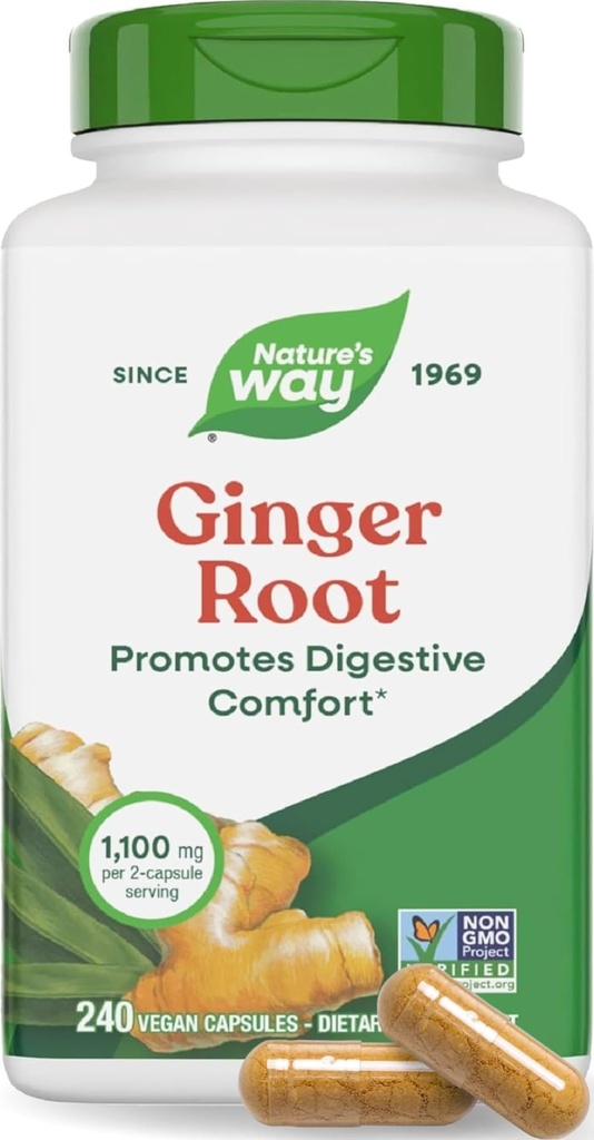 Nature's Way ingveri juurkapslid 550 mg kapsli kohta, seedetrakti mugavus * vähendab liikumisega seotud iiveldust *, 1100 mg 2 kapsli kohta, mitte-GMO projekt kontrollitud, vegan, 240 loend (pakendamine võib varieeruda)